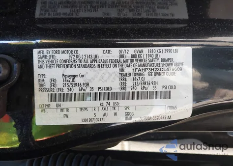 2012 Ford Focus Sel z USA, uszkodzony, nr VIN 1FAHP3H23CL479609